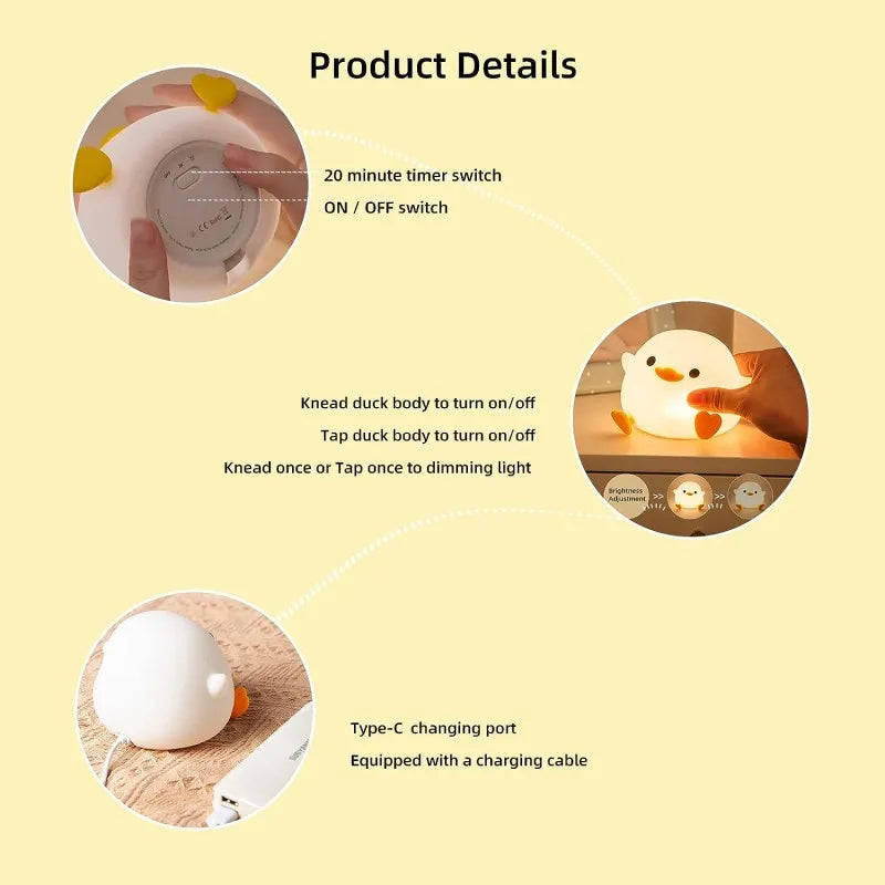 DoDo-Silicone Duck, LED Bedside Lamp, Rechargeable, Bedroom, Living Room